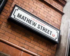 A road sign from Mathew Street in Liverpool. 